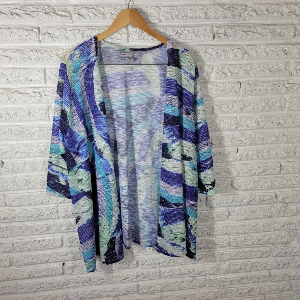 Catherines Womens 3X Plus Blue Green Watercolor Knit Open Front Cardigan WAT52E
